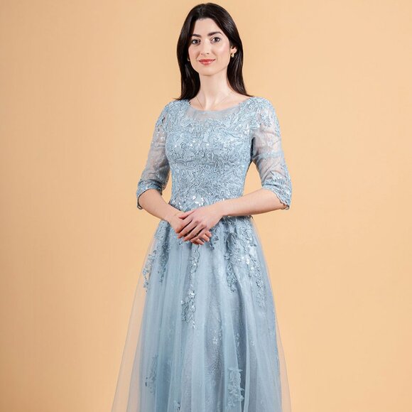 New A-Line Mesh Dress w/ 3/4 sleeves Floral lace & Sequins Embroidery GL3629
